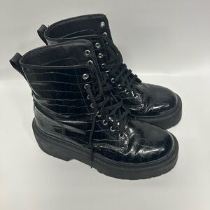 Steve Madden Black Croc-Pattern Combat Boots